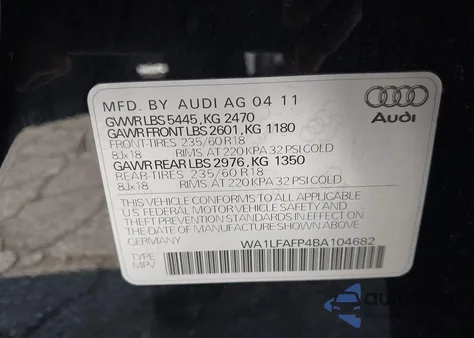2011 Audi Q5 2.0T Premium из США, поврежденный, VIN WA1LFAFP4BA104682